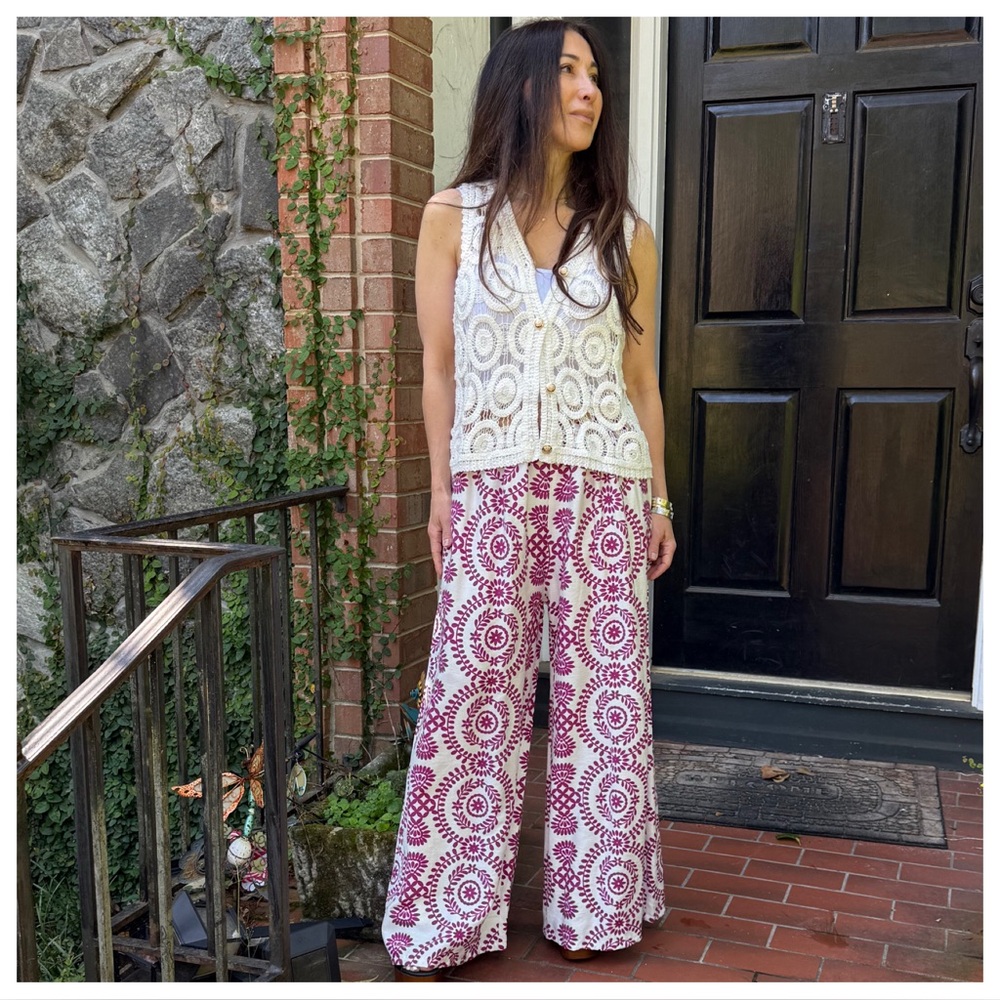 MADE IN ITALY Fabulous Lightweight patterned linen effect pants with belt
